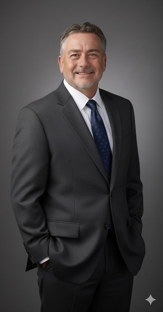 Smiling man with graying hair in a charcoal suit and blue patterned tie, professional portrait.